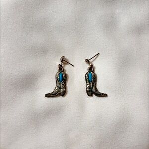 Turquoise Accent Cowboy Boot Drop Earrings - Silver Tone